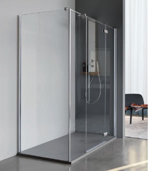 Porta battente con due fissi in linea Samo ZENITH finitura profilo cromo - vetro temperato trasparente