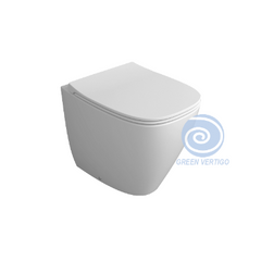 Sanitari Simas serie JUNIPER filo muro: vaso carenato con scarico GREEN VERTIGO, sedile soft-close , bidet.