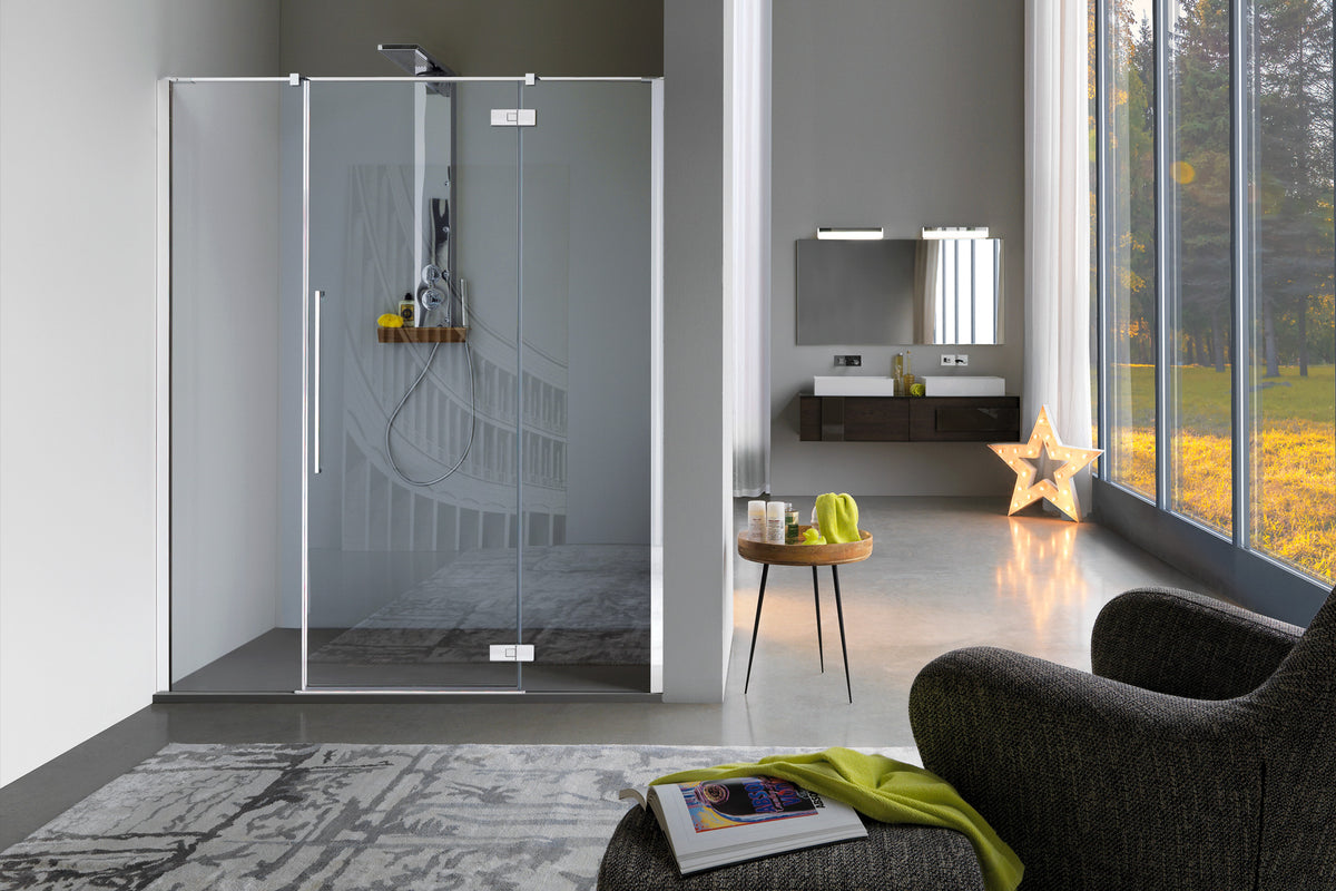 Porta battente con due fissi in linea Samo ZENITH finitura profilo cromo - vetro trasparente