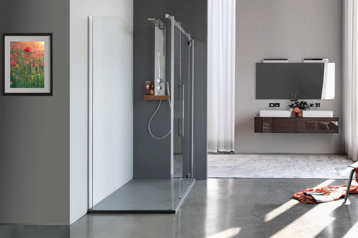 Parete fissa per abbinamenti con porta battente e due fissi in linea Samo ZENITH  profilo cromo - vetro temperato trasparente